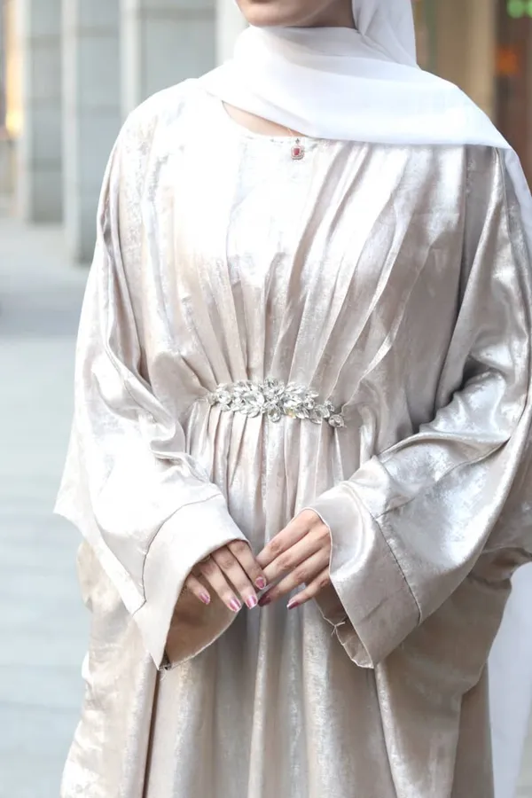 Cream_Shimmer_Abaya_With_Hijab_For_Women