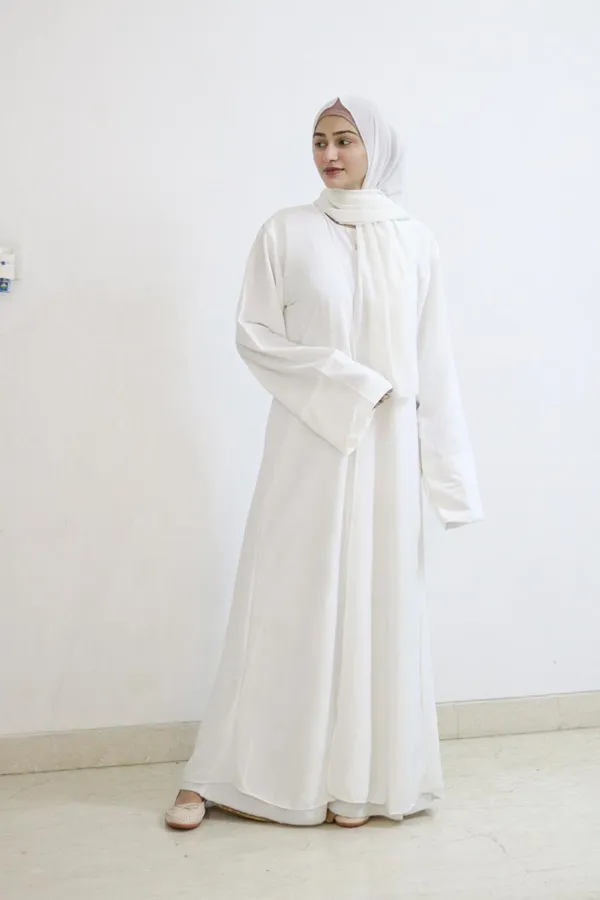 White_Umrah_Abaya_With_Inner_Slit_Shrug_Hijab_For_Women