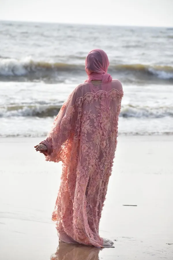 Peach_Embroidered_Pearl_3D_Floral_Shrug_Abaya_Set_For_Women