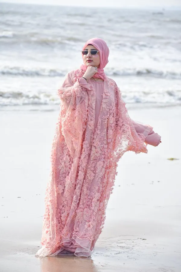 Peach_Embroidered_Pearl_3D_Floral_Shrug_Abaya_Set_For_Women