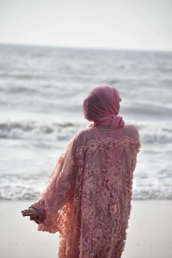 Peach_Embroidered_Pearl_3D_Floral_Shrug_Abaya_Set_For_Women