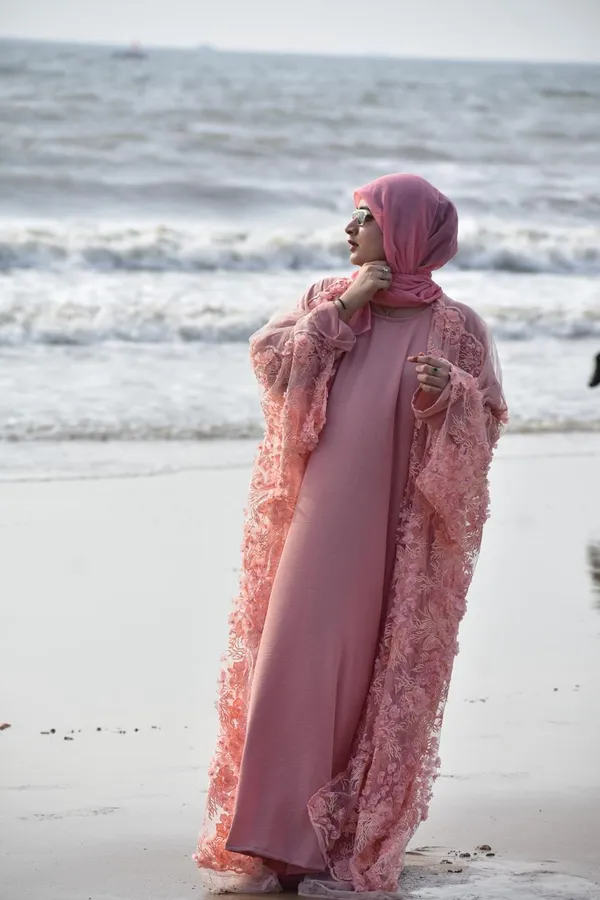 Peach_Embroidered_Pearl_3D_Floral_Shrug_Abaya_Set_For_Women