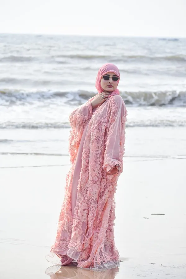 Peach_Embroidered_Pearl_3D_Floral_Shrug_Abaya_Set_For_Women