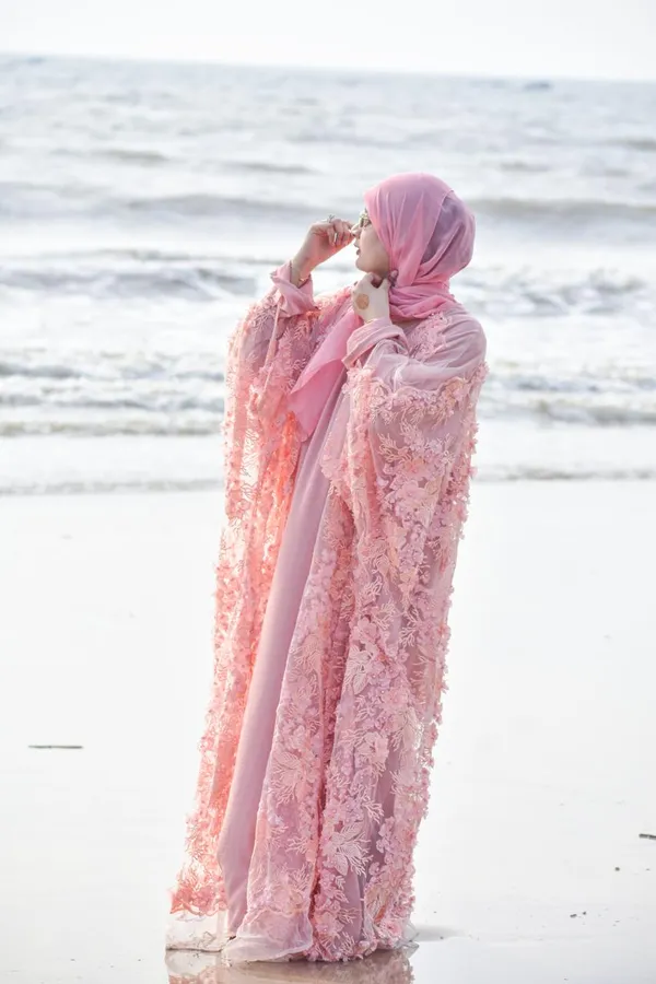 Peach_Embroidered_Pearl_3D_Floral_Shrug_Abaya_Set_For_Women