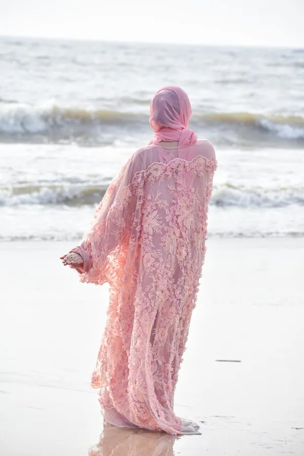 Peach_Embroidered_Pearl_3D_Floral_Shrug_Abaya_Set_For_Women