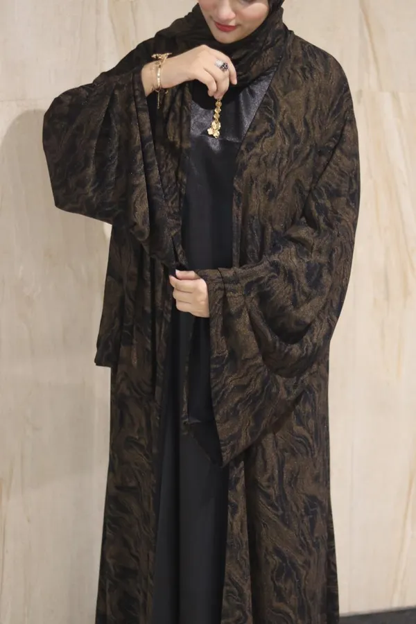 Brown_Shimmer_Marble_Print_3Pc_Abaya_Set_For_Women