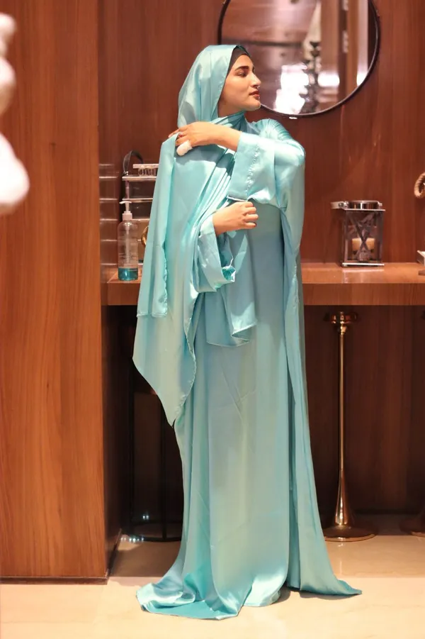 Teal_Satin_Butterfly_Style_Abaya_With_Inner_Belt_Hijab_For_Women