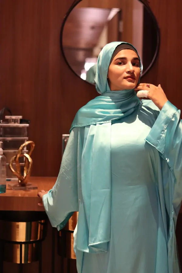 Teal_Satin_Butterfly_Style_Abaya_With_Inner_Belt_Hijab_For_Women