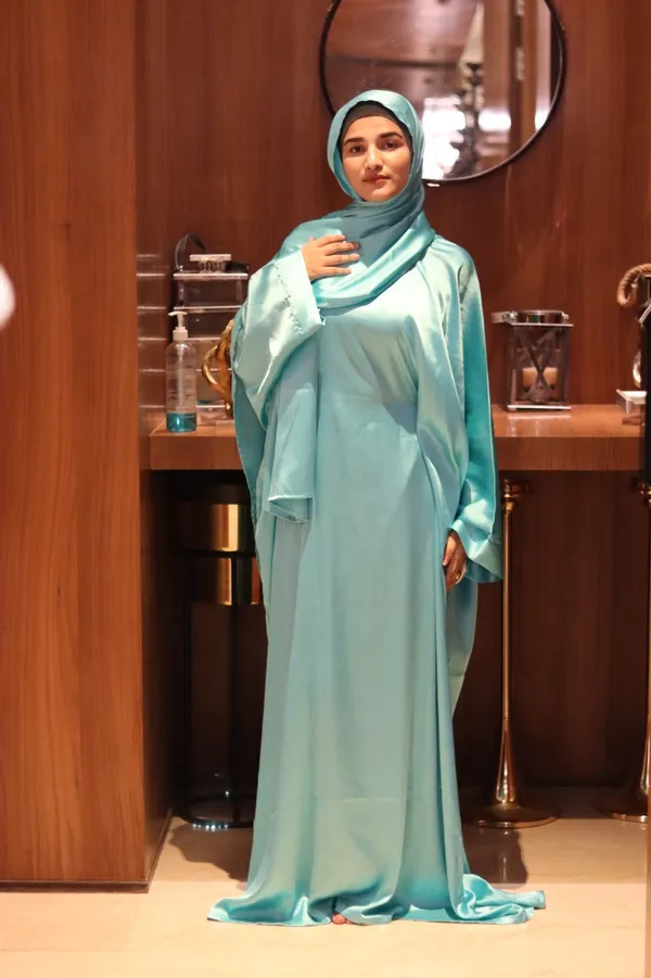 Teal_Satin_Butterfly_Style_Abaya_With_Inner_Belt_Hijab_For_Women