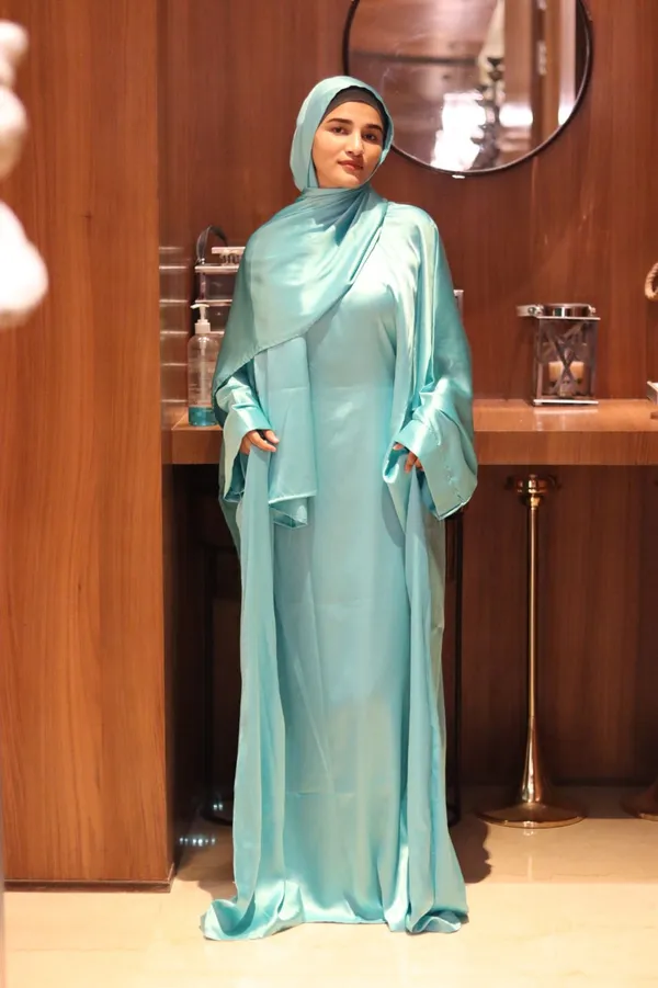 Teal_Satin_Butterfly_Style_Abaya_With_Inner_Belt_Hijab_For_Women