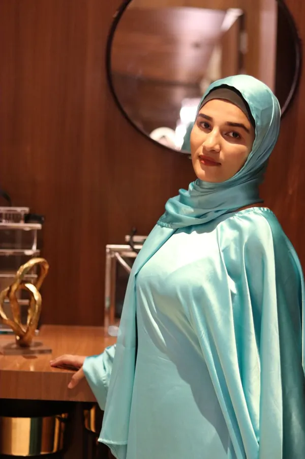 Teal_Satin_Butterfly_Style_Abaya_With_Inner_Belt_Hijab_For_Women