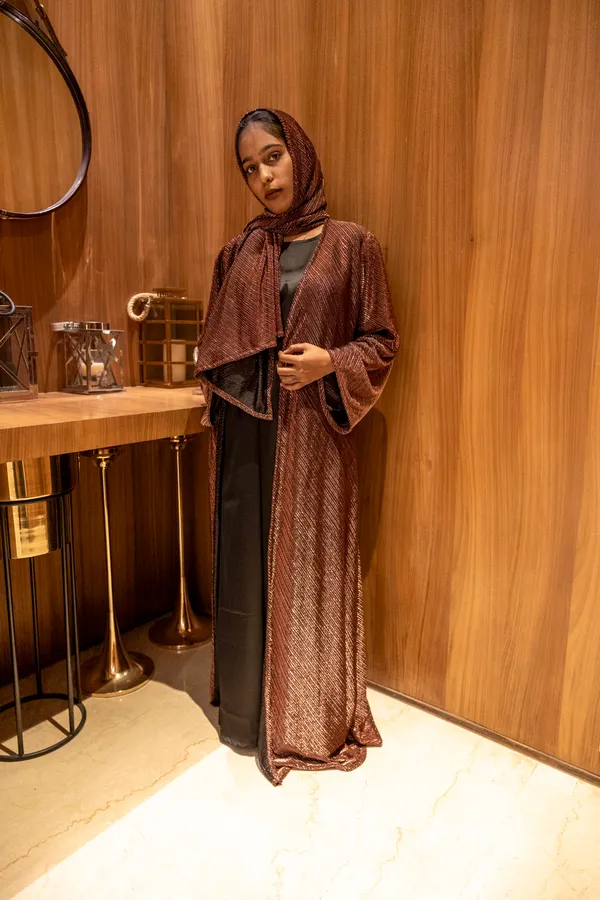 Brown_Metallic_Shimmer_3-Piece_Shrug_Set_With_Hijab_And_Inner_Slit