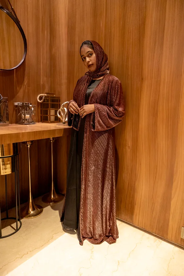 Brown_Metallic_Shimmer_3-Piece_Shrug_Set_With_Hijab_And_Inner_Slit