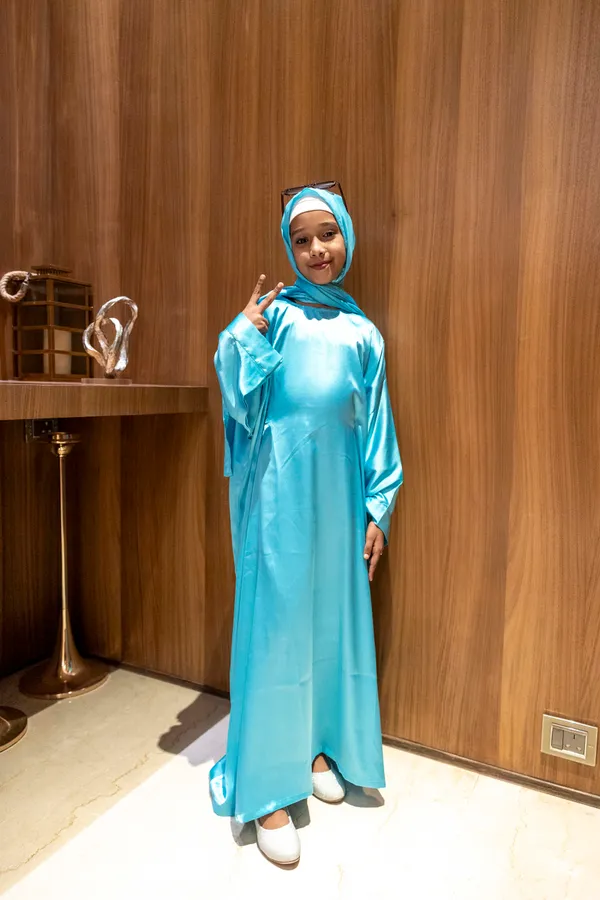 Teal_Satin_Butterfly_Abaya_With_Matching_Hijab_For_Girls