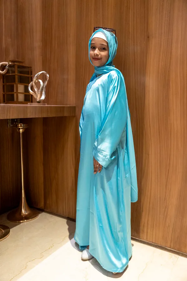 Teal_Satin_Butterfly_Abaya_With_Matching_Hijab_For_Girls