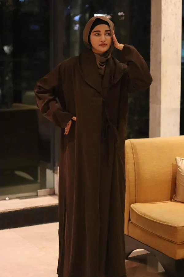 Brown_Nida_Tie-Up_Coat_Kaftan_Abaya_For_Women