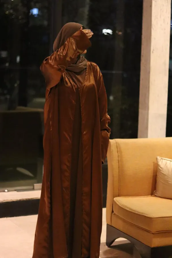 Brown_Satin_2-Piece_Abaya_Set_With_Shrug_For_Women