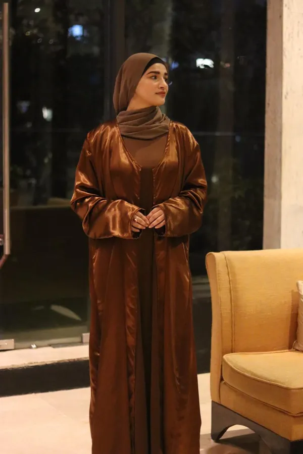 Brown_Satin_2-Piece_Abaya_Set_With_Shrug_For_Women