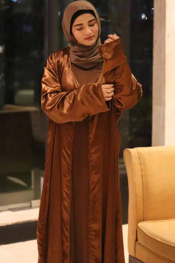 Brown_Satin_2-Piece_Abaya_Set_With_Shrug_For_Women