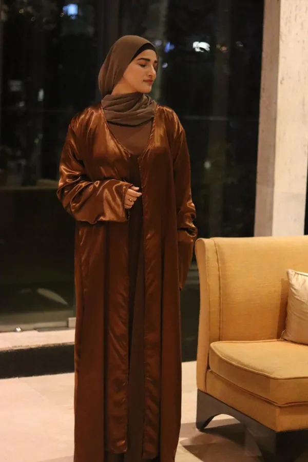 Brown_Satin_2-Piece_Abaya_Set_With_Shrug_For_Women
