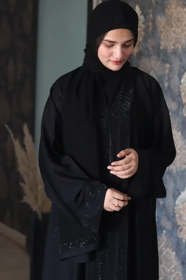 Black_Stone_Embellished_Abaya_With_Hijab_For_Women