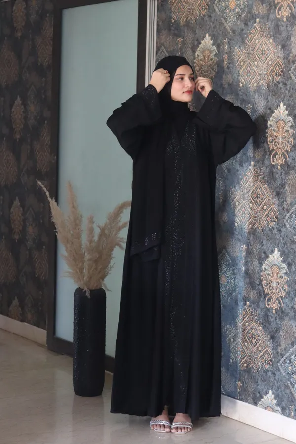 Black_Stone_Embellished_Abaya_With_Hijab_For_Women