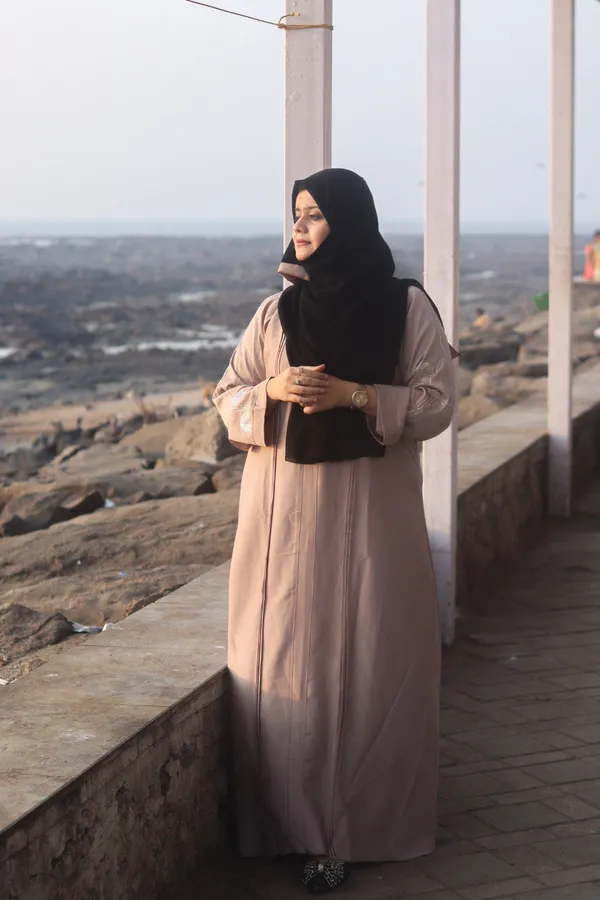 Beige_Stonework_Abaya_Set_With_Hijab_For_Women