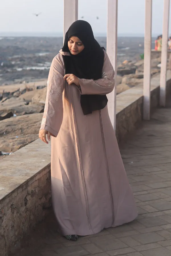 Beige_Stonework_Abaya_Set_With_Hijab_For_Women