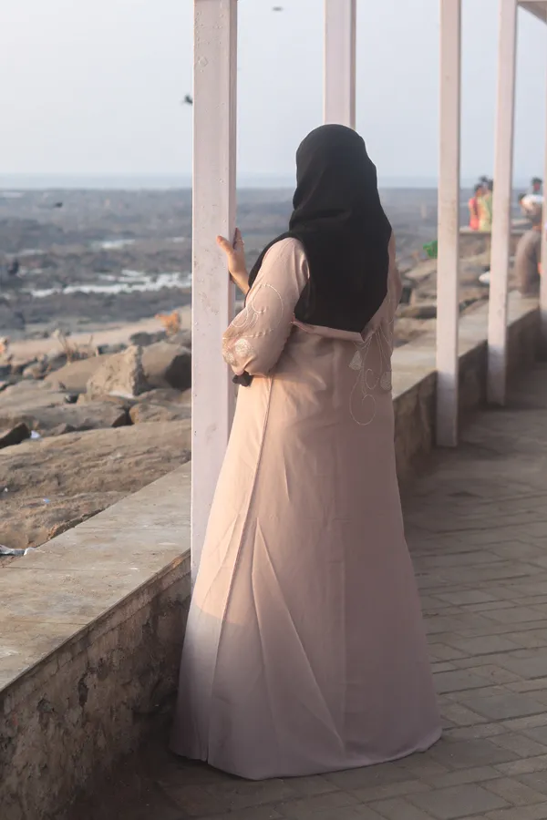 Beige_Stonework_Abaya_Set_With_Hijab_For_Women