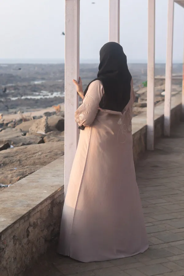 Beige_Stonework_Abaya_Set_With_Hijab_For_Women