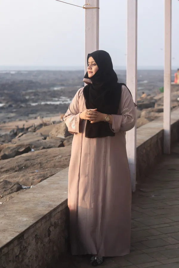 Beige_Stonework_Abaya_Set_With_Hijab_For_Women