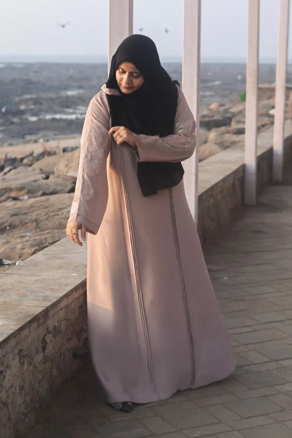 Beige_Stonework_Abaya_Set_With_Hijab_For_Women