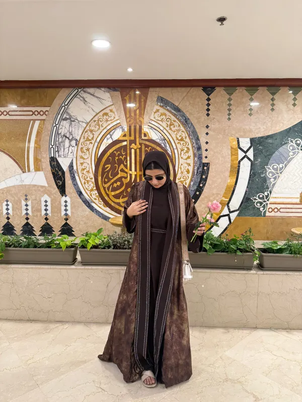 Brown_Shimmery_Shrug_Abaya_Full_Set_With_Inner_Slit_And_Hijab_For_Women