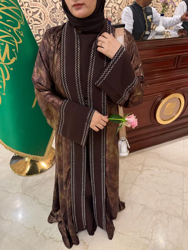 Brown_Shimmery_Shrug_Abaya_Full_Set_With_Inner_Slit_And_Hijab_For_Women