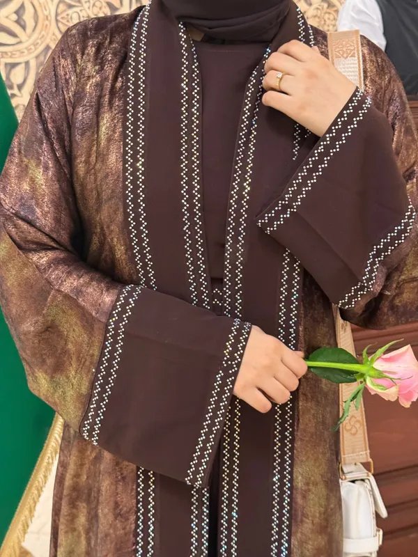 Brown_Shimmery_Shrug_Abaya_Full_Set_With_Inner_Slit_And_Hijab_For_Women