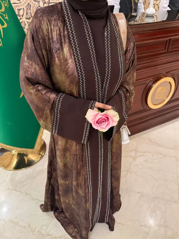 Brown_Shimmery_Shrug_Abaya_Full_Set_With_Inner_Slit_And_Hijab_For_Women