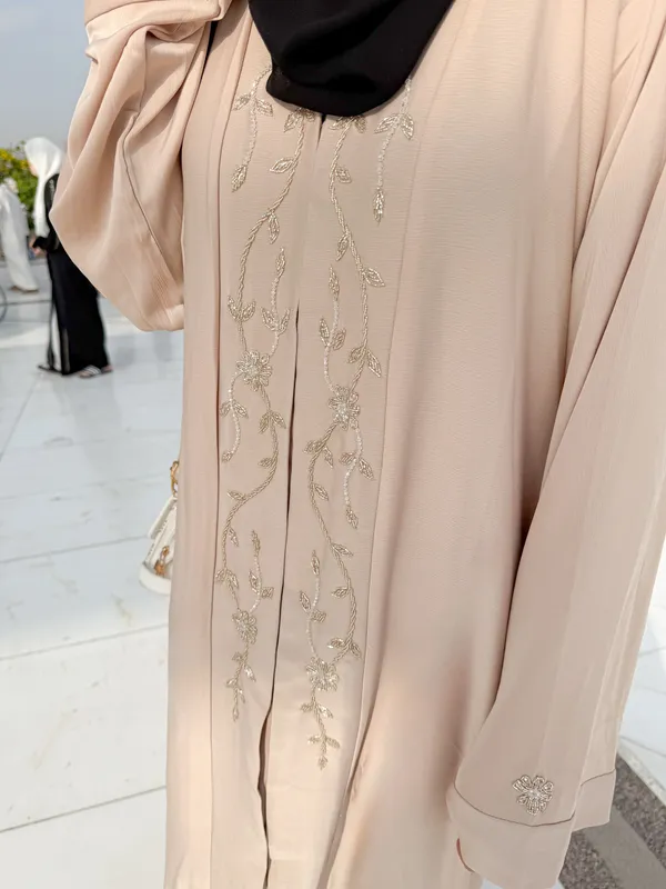Beige_Diamond_Handwork_Abaya_With_Hijab_For_Women