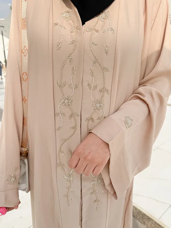 Beige_Diamond_Handwork_Abaya_With_Hijab_For_Women