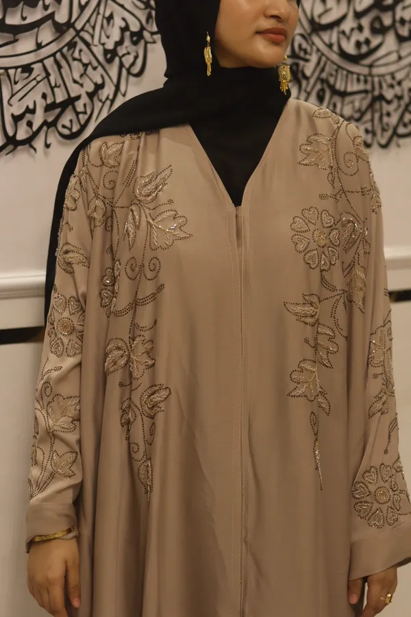 Beige_Tik_Tok_Fabric_Dubai_Style_Handwork_Abaya_With_Hijab_For_Women