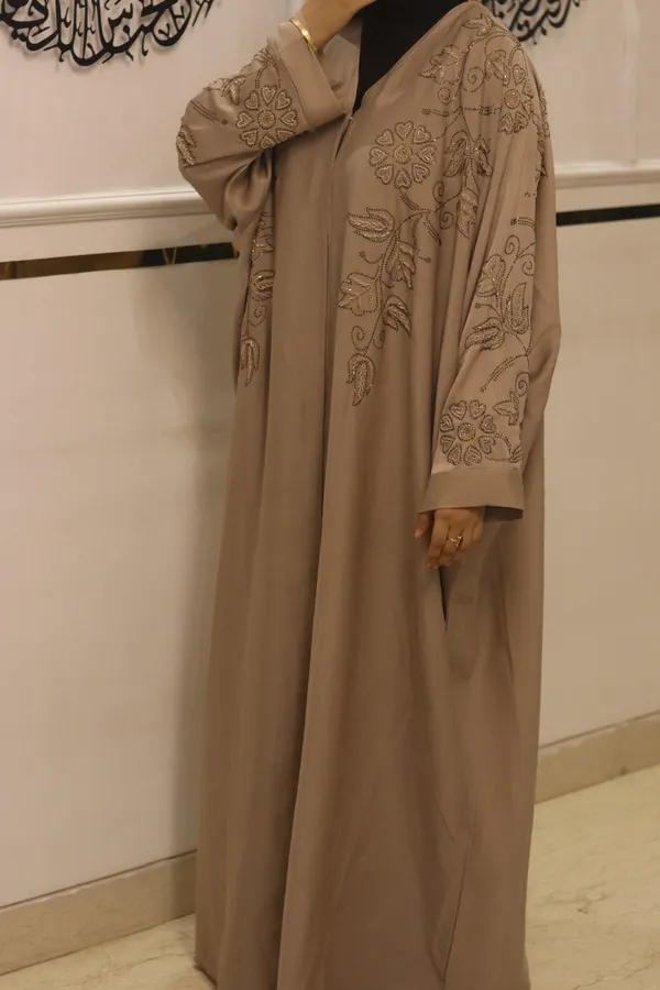 Beige_Tik_Tok_Fabric_Dubai_Style_Handwork_Abaya_With_Hijab_For_Women