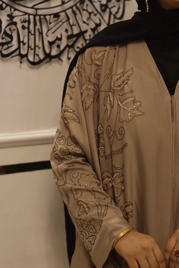 Beige_Tik_Tok_Fabric_Dubai_Style_Handwork_Abaya_With_Hijab_For_Women
