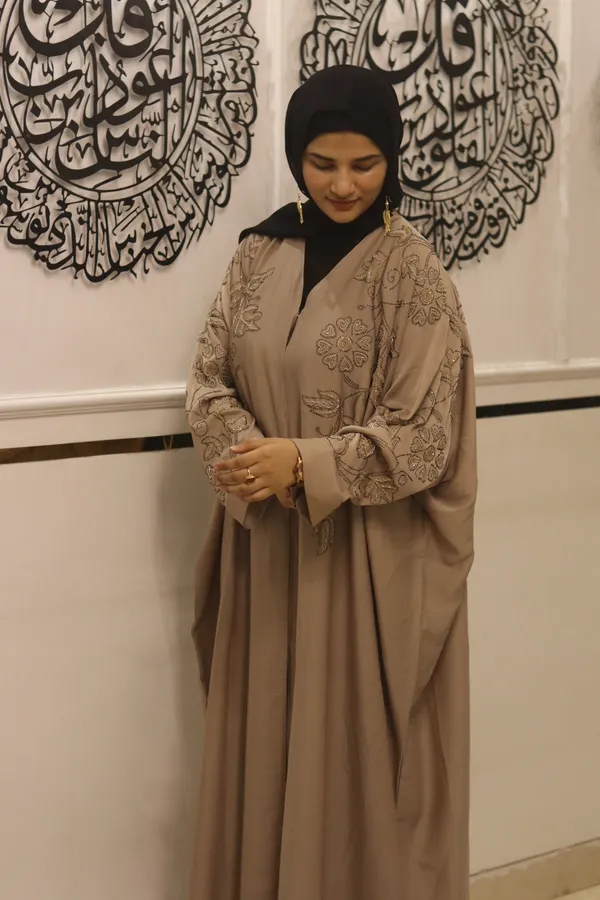 Beige_Tik_Tok_Fabric_Dubai_Style_Handwork_Abaya_With_Hijab_For_Women