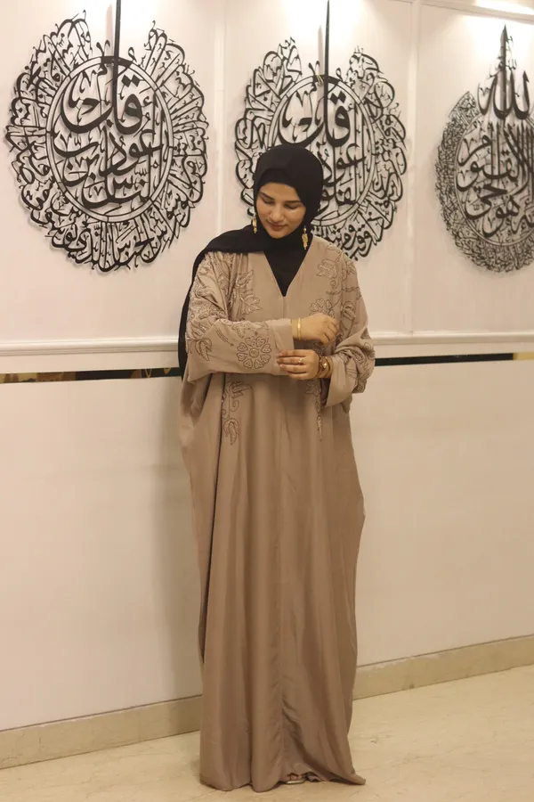 Beige_Tik_Tok_Fabric_Dubai_Style_Handwork_Abaya_With_Hijab_For_Women