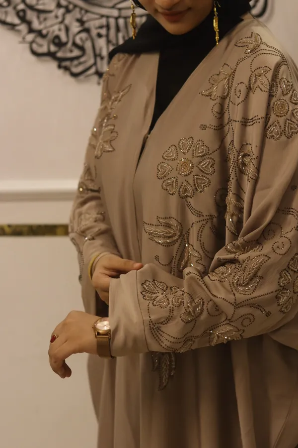 Beige_Tik_Tok_Fabric_Dubai_Style_Handwork_Abaya_With_Hijab_For_Women