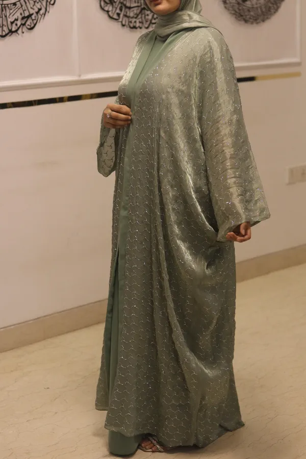 Pistachio_Tissue_Dubai_Style_Abaya_Set_With_Organza_Hijab