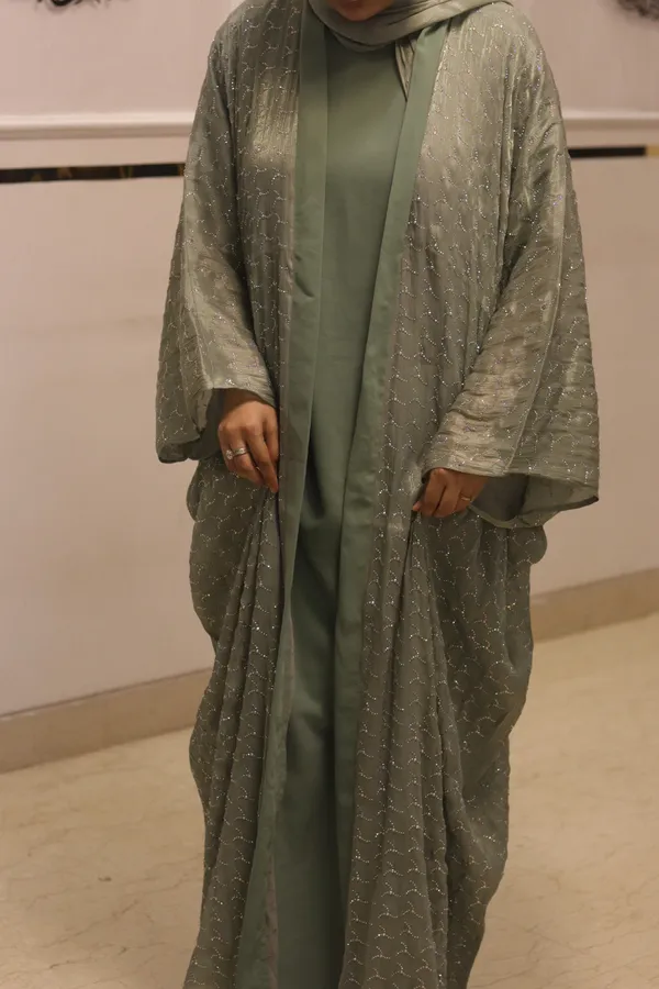 Pistachio_Tissue_Dubai_Style_Abaya_Set_With_Organza_Hijab