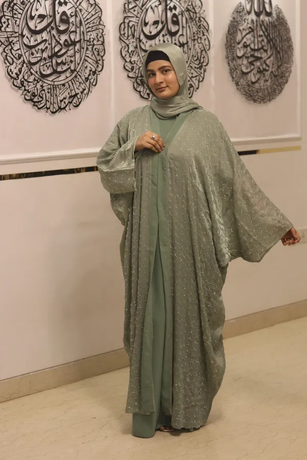 Pistachio_Tissue_Dubai_Style_Abaya_Set_With_Organza_Hijab