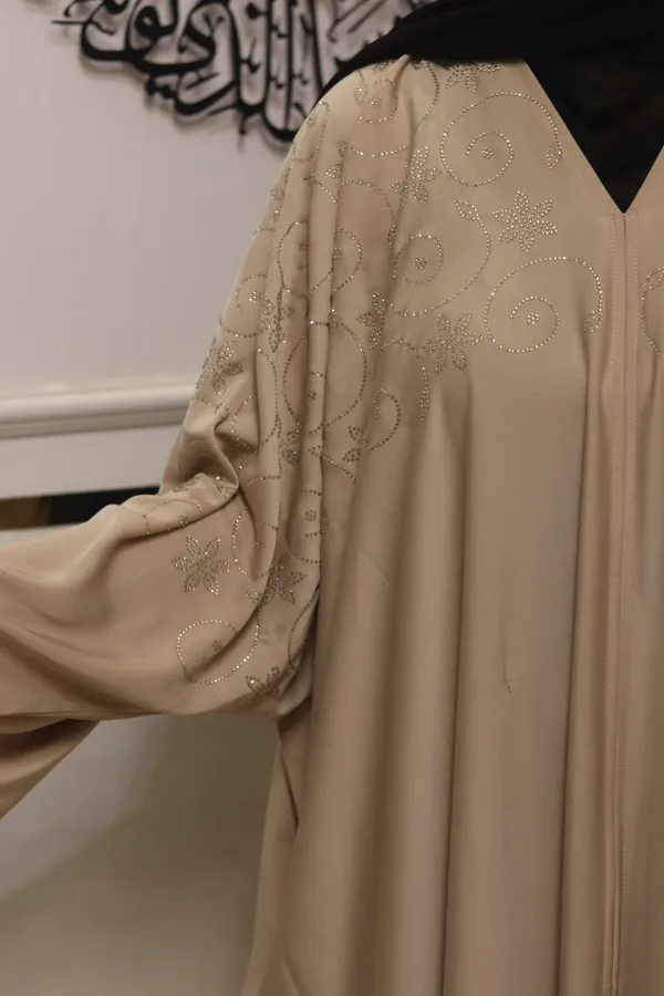 Beige_Nida_Dubai_Style_Kaftan_Abaya_With_Hijab_For_Women