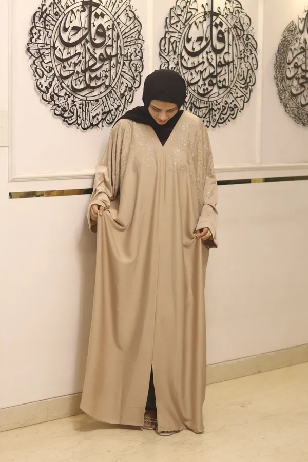 Beige_Nida_Dubai_Style_Kaftan_Abaya_With_Hijab_For_Women