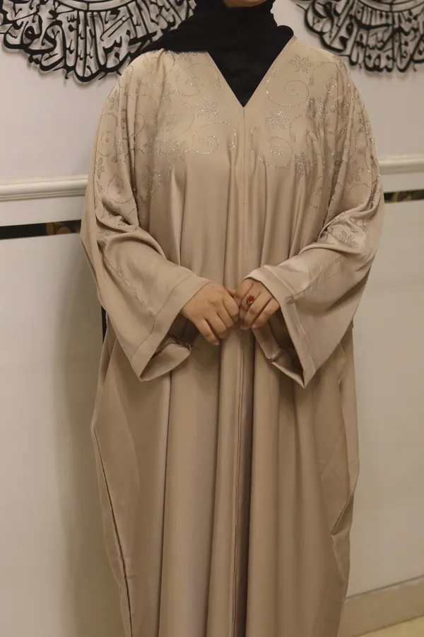Beige_Nida_Dubai_Style_Kaftan_Abaya_With_Hijab_For_Women